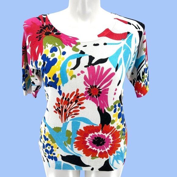 Joseph A. Sweaters - JOSEPH A COLORFUL FLORAL PRINT SHORT SLEEVE SWEATER - XL